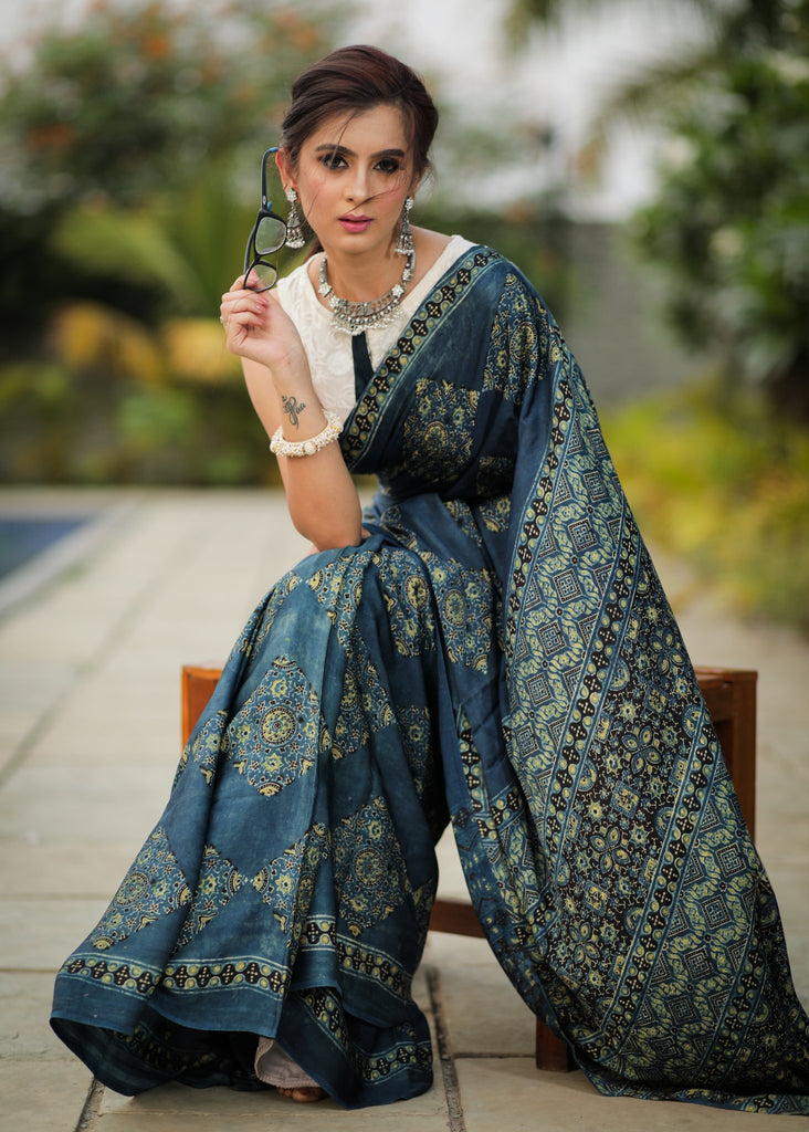 Pure modal silk ajrakh block printed blue saree with square patches