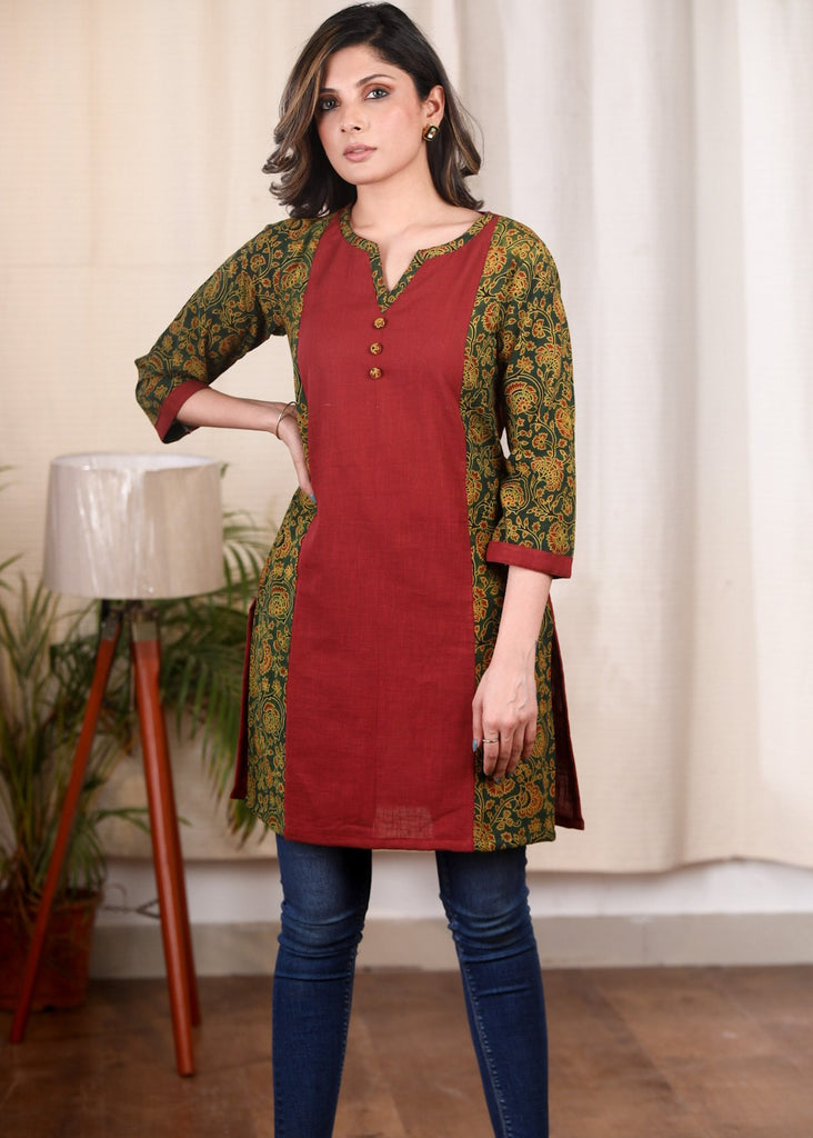 Exclusive maroon cotton tunic with green Ajrakh combination