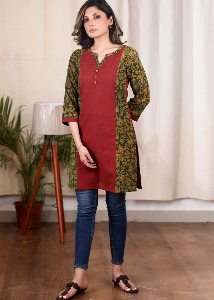 Exclusive maroon cotton tunic with green Ajrakh combination