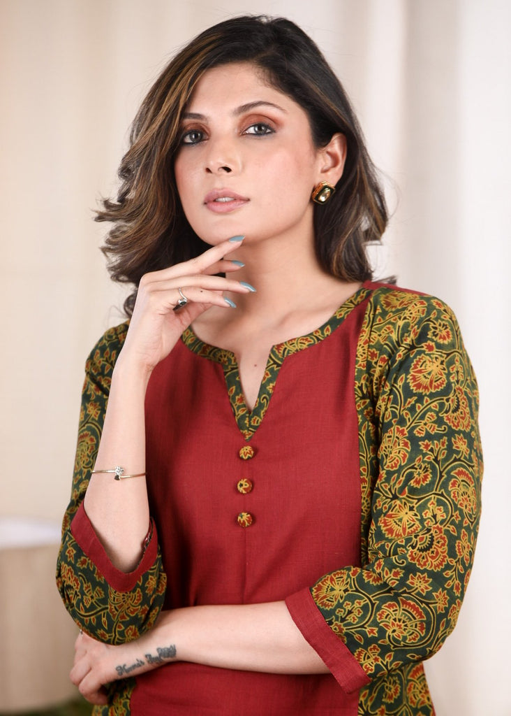 Exclusive maroon cotton tunic with green Ajrakh combination