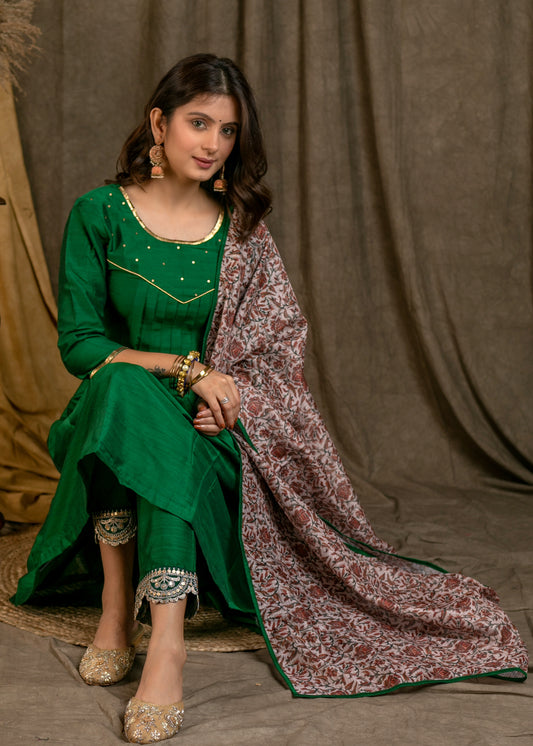 Classy Green Cotton Silk Pleated Kurta .