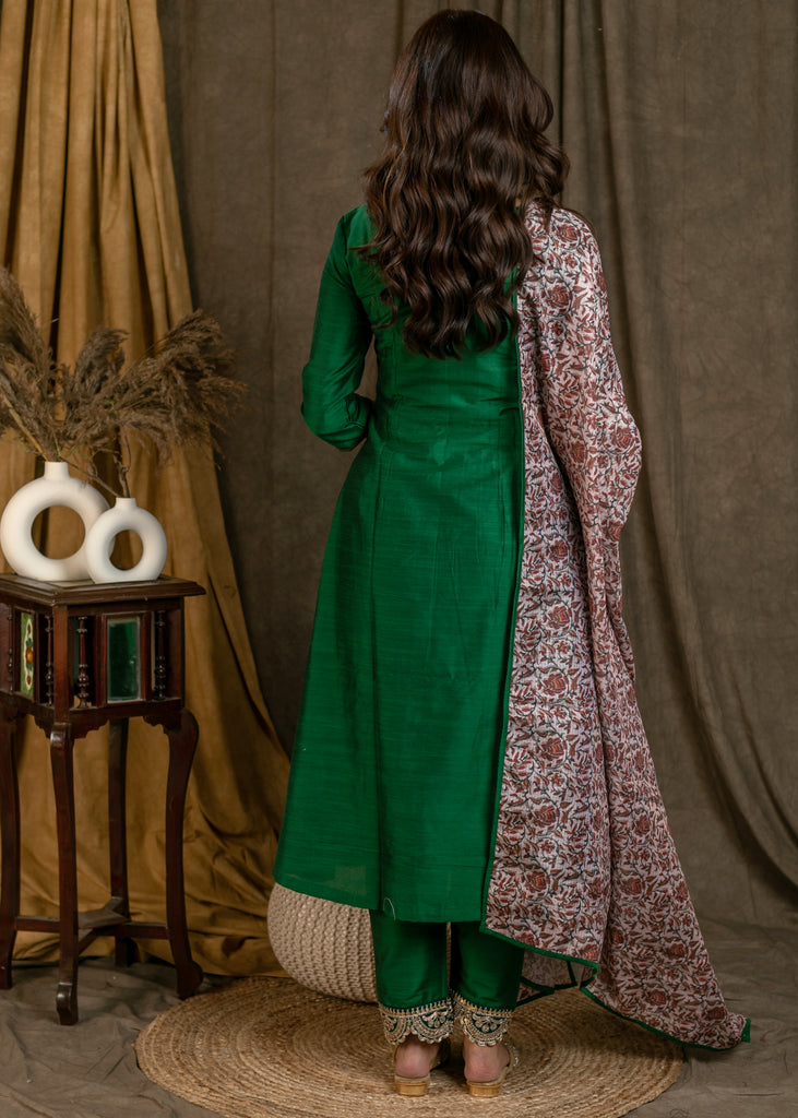 Classy Green Cotton Silk Pleated Kurta Pant Set with Gold Sequence Work On Yoke - Printed Dupatta Optional