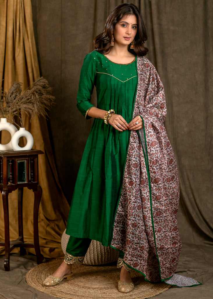 Classy Green Cotton Silk Pleated Kurta Pant Set with Gold Sequence Work On Yoke - Printed Dupatta Optional