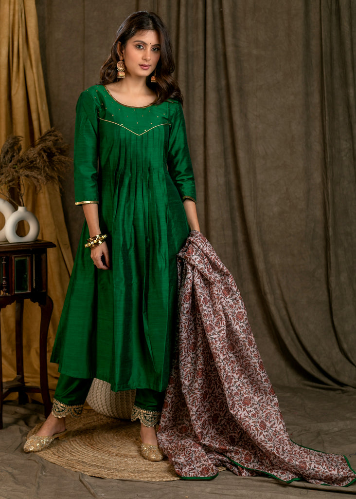 Classy Green Cotton Silk Pleated Kurta Pant Set with Gold Sequence Work On Yoke - Printed Dupatta Optional
