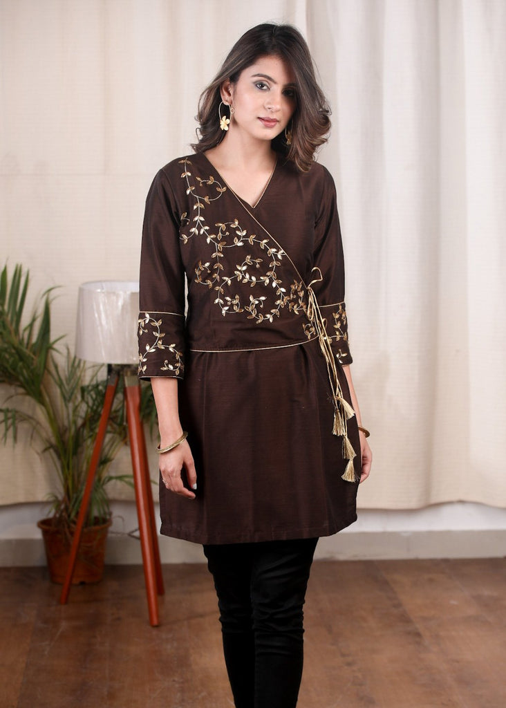 Exclusive brown cotton silk tunic with hand embroidery