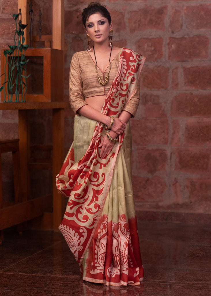 Beige pure silk hand batik abstract design saree