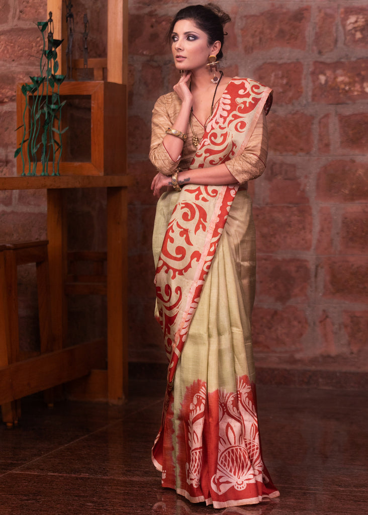 Beige pure silk hand batik abstract design saree