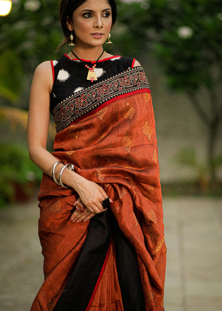 Brown organic linen Jamdani saree with Ajrakh border