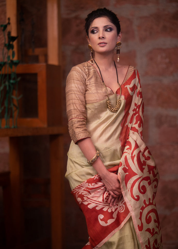 Beige pure silk hand batik abstract design saree