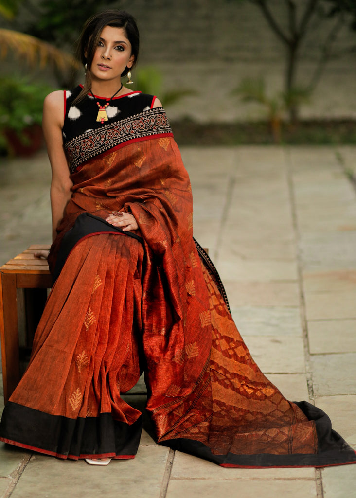 Brown organic linen Jamdani saree with Ajrakh border