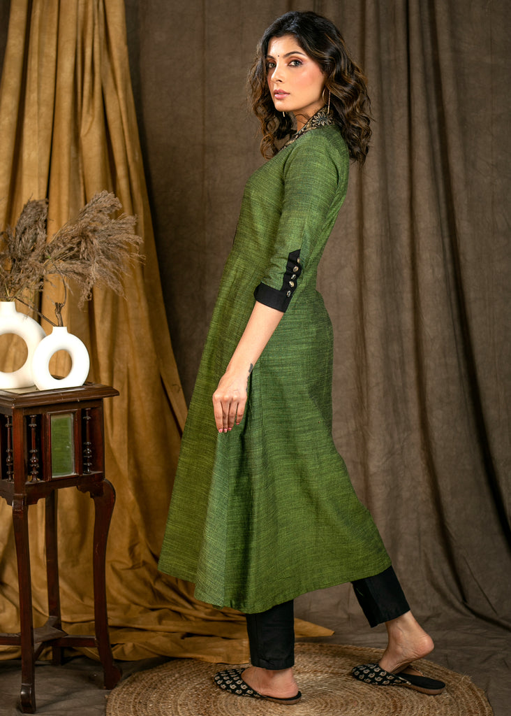 A-Line Sap Green Pure Cotton Kurta with Ajrakh Yoke & Designer Sleeves - Pant Optional