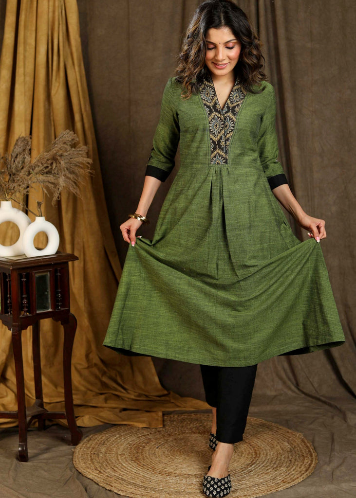 A-Line Sap Green Pure Cotton Kurta with Ajrakh Yoke & Designer Sleeves - Pant Optional