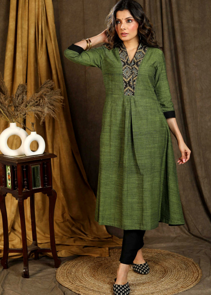 A-Line Sap Green Pure Cotton Kurta with Ajrakh Yoke & Designer Sleeves - Pant Optional