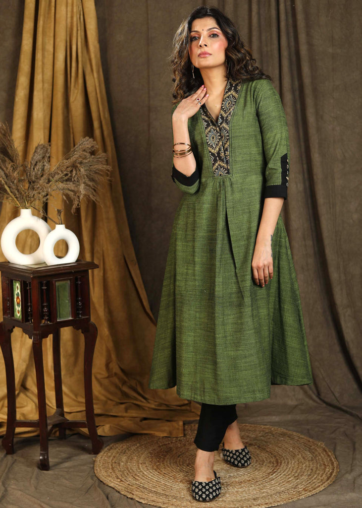 A-Line Sap Green Pure Cotton Kurta with Ajrakh Yoke & Designer Sleeves - Pant Optional