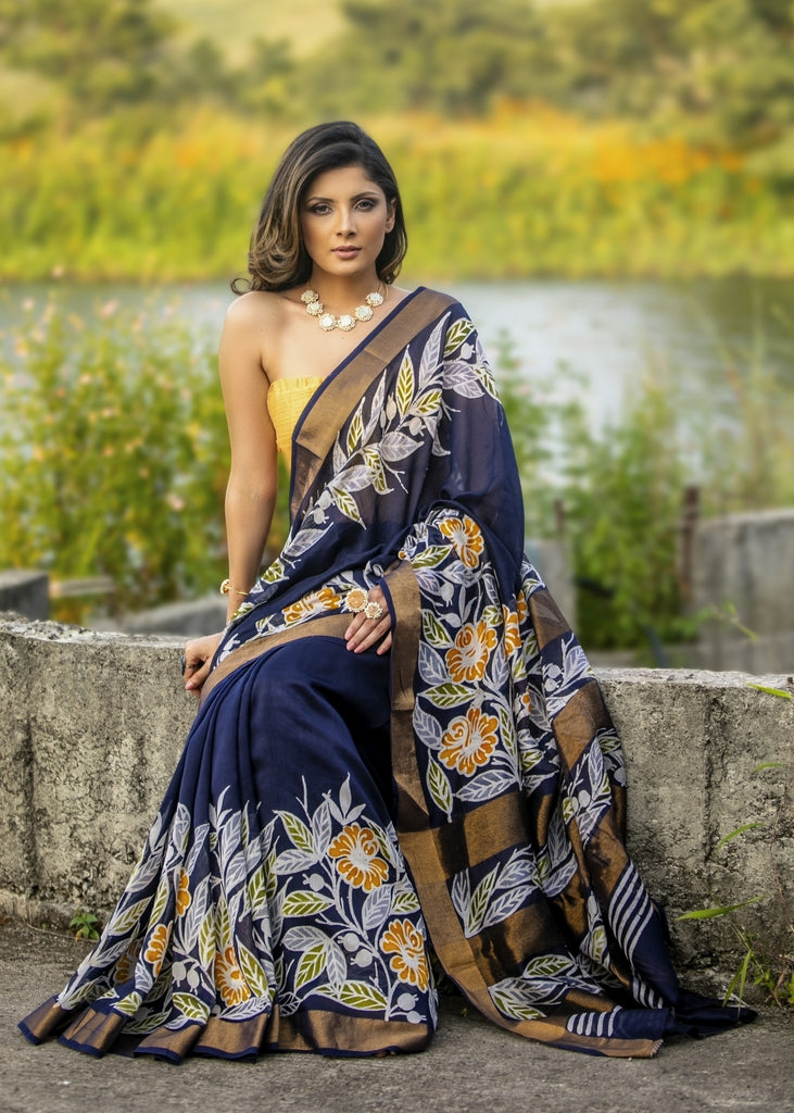 Exclusive hand batik saree on navy blue chanderi