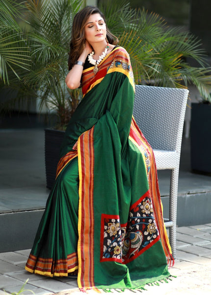 Exclusive green khun saree with hand painted kalamkari patch on pallu