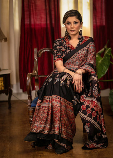 Exclusive modal silk hand block printed black Ajrakh saree