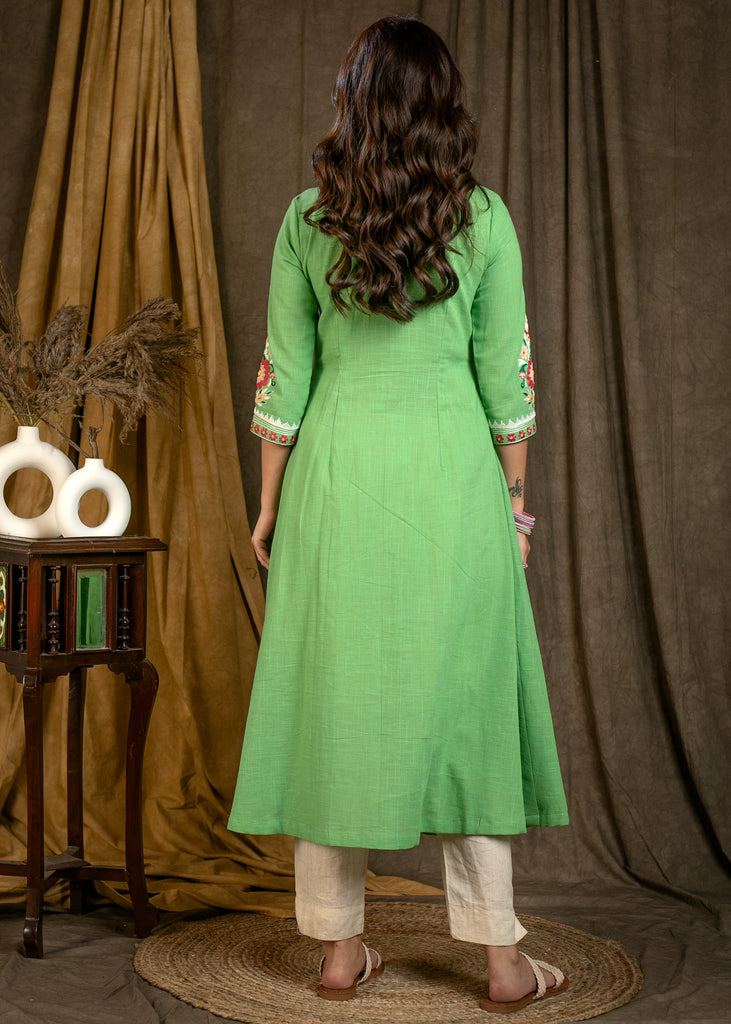 Exclusive Pista Green Cross Over Style Cotton Kurta with Beautiful Full Length Embroidery and On Neck and Sleeves - Pant Optional