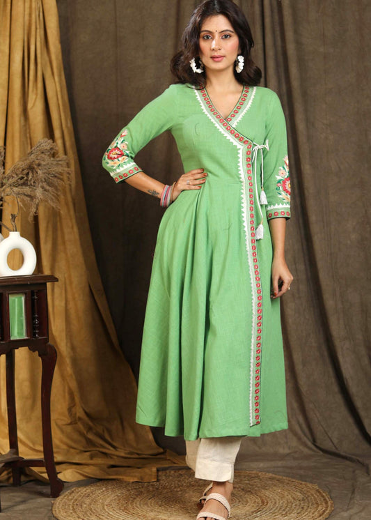 Exclusive Pista Green Cross Over Style Cotton Kurta with Beautiful Full Length Embroidery and On Neck and Sleeves - Pant Optional