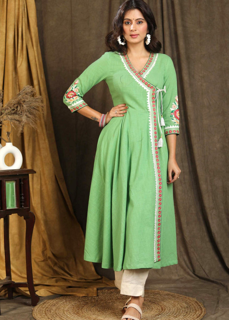Exclusive Pista Green Cross Over Style Cotton Kurta with Beautiful Full Length Embroidery and On Neck and Sleeves - Pant Optional