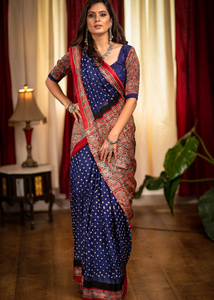 Exclusive modal silk Bandhej saree with Ajrakh block printed border & pallu