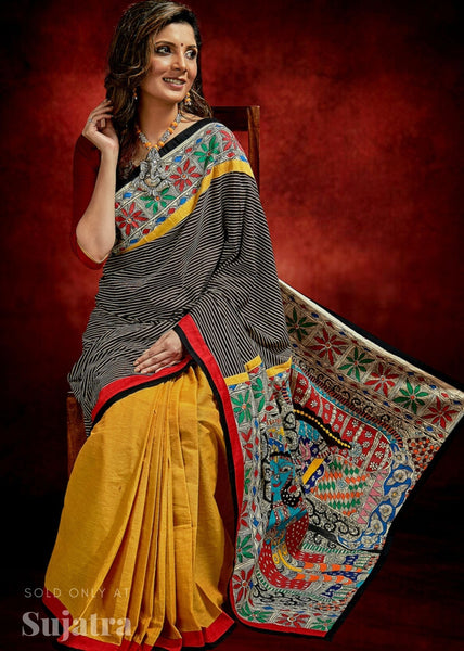 Exclusive handloom saree with Ajrakh stripes & hand painted madhubani combination