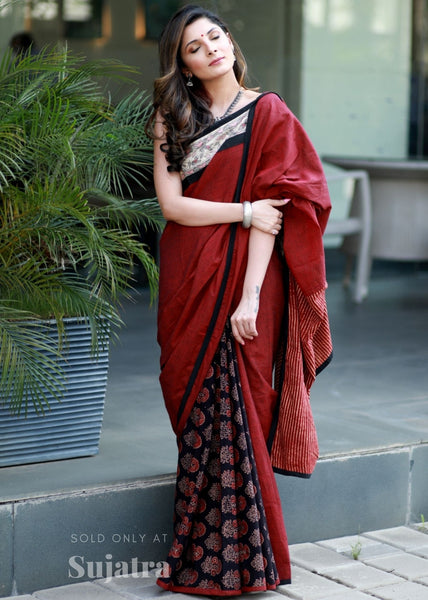 Handloom cotton saree with handpainted madhubani painted border & ajrakh block printed pleats