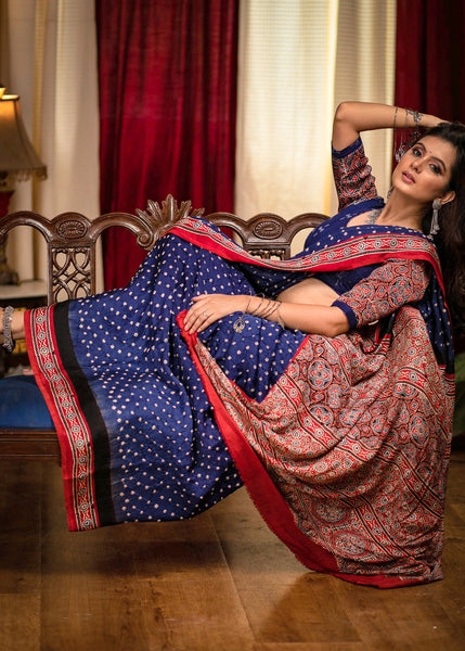 Exclusive modal silk Bandhej saree with Ajrakh block printed border & pallu