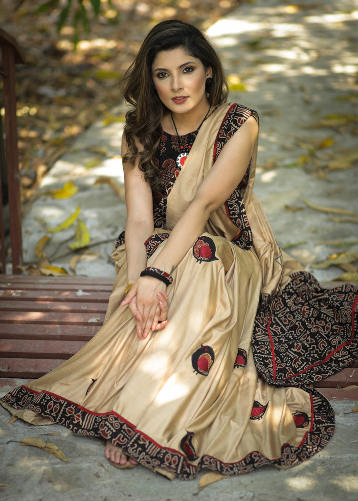 Exclusive semi silk saree with applic work with Ajrakh design