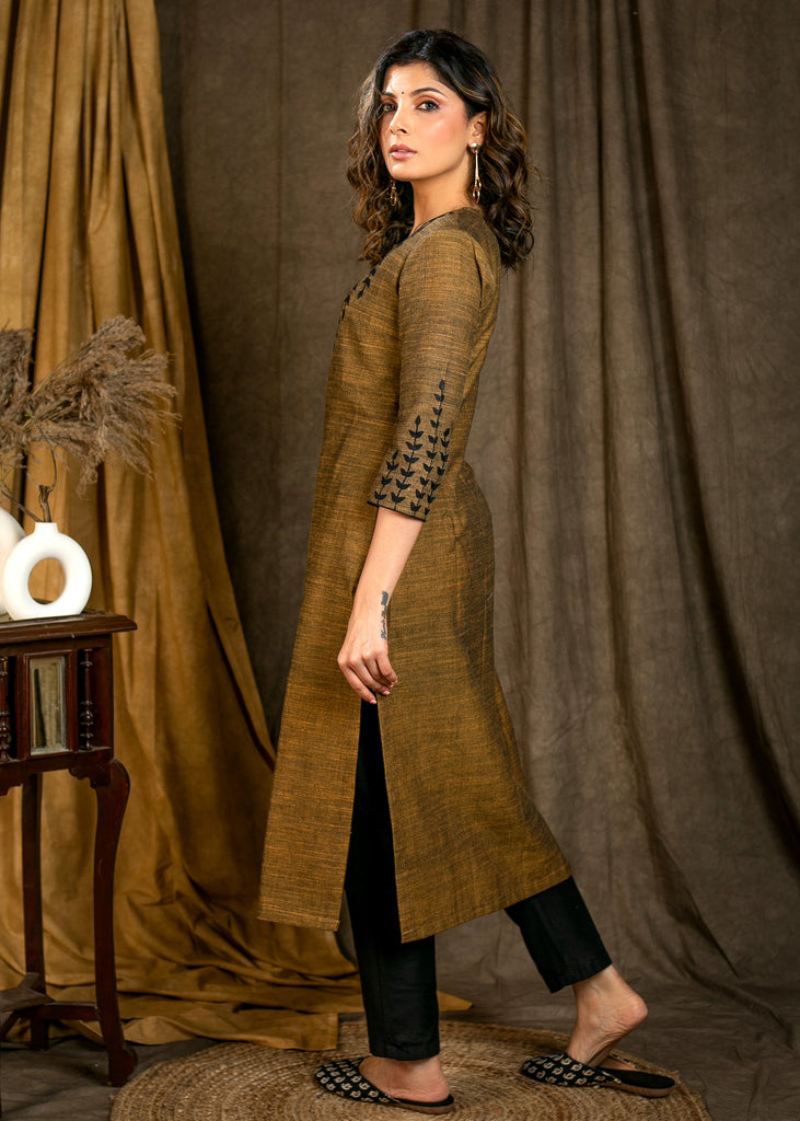 Dark Mustard Pure Cotton Straight Kurta with Embroidered Yoke and Sleeves - Pant Optional