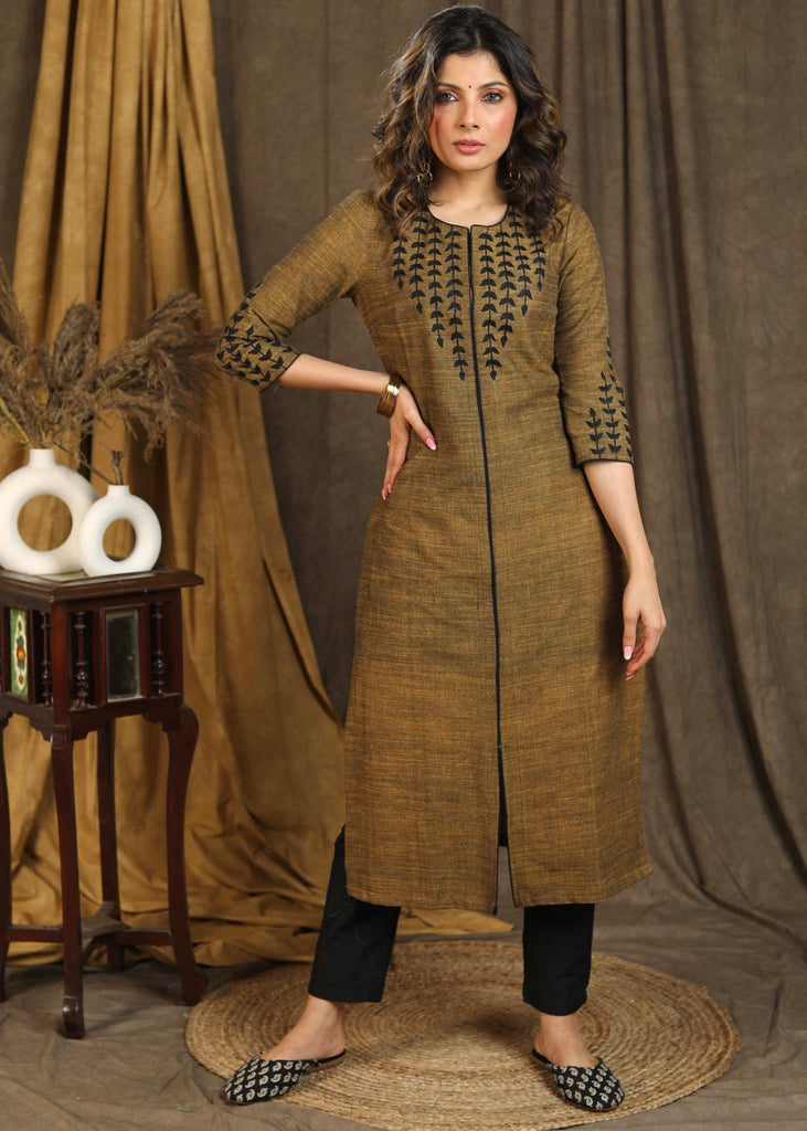Dark Mustard Pure Cotton Straight Kurta with Embroidered Yoke and Sleeves - Pant Optional