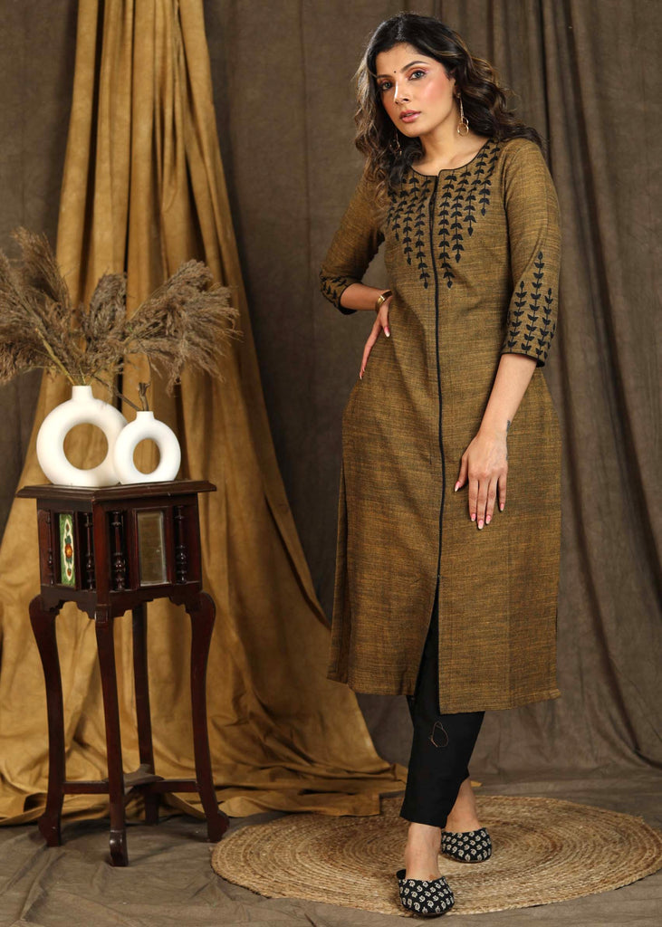 Dark Mustard Pure Cotton Straight Kurta with Embroidered Yoke and Sleeves - Pant Optional
