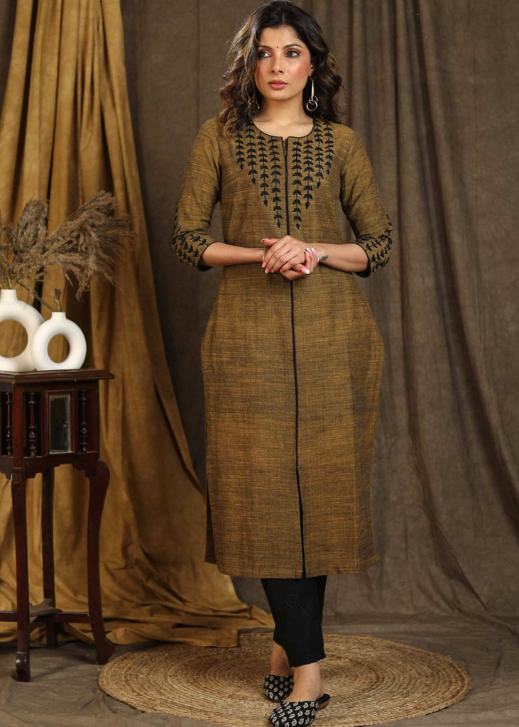Dark Mustard Pure Cotton Straight Kurta with Embroidered Yoke and Sleeves - Pant Optional