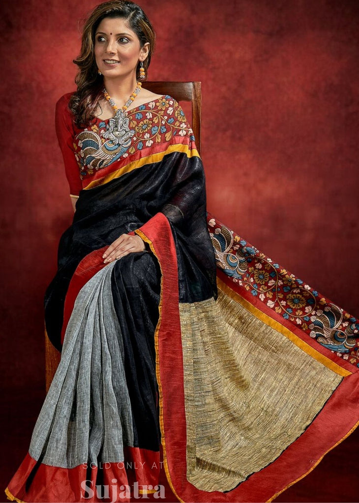 Pure black & grey linen saree with hand painted kalamkari border