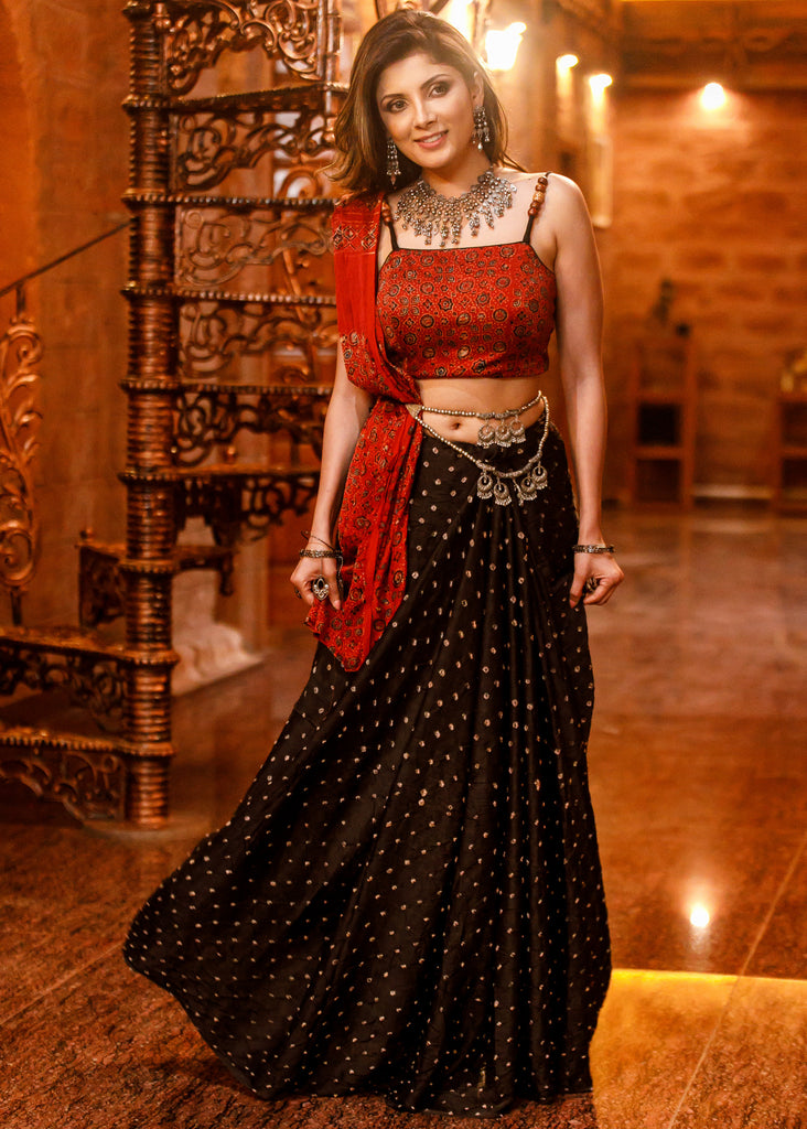 Exclusive black pure modal silk Bandhej & Ajrakh combination saree