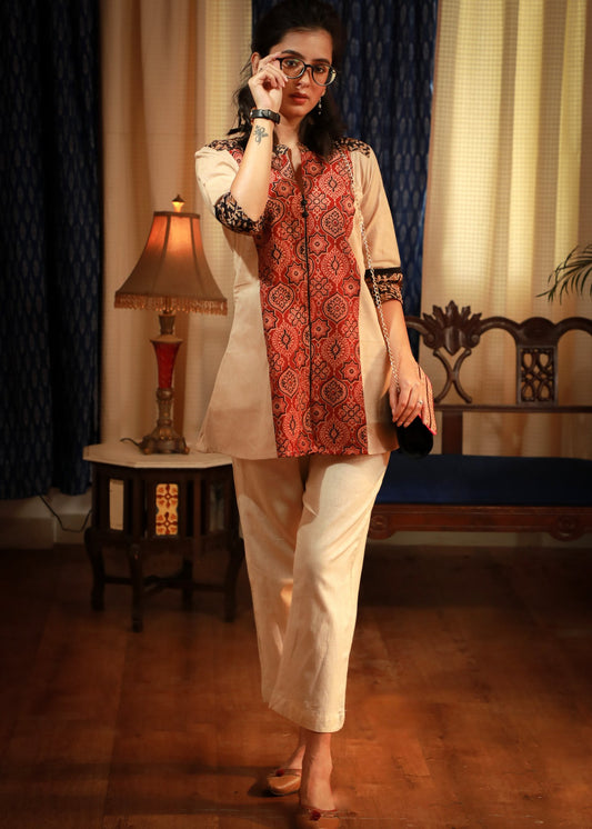 Beige & maroon combination kalamkari & Ajrakh printed panel pure cotton top
