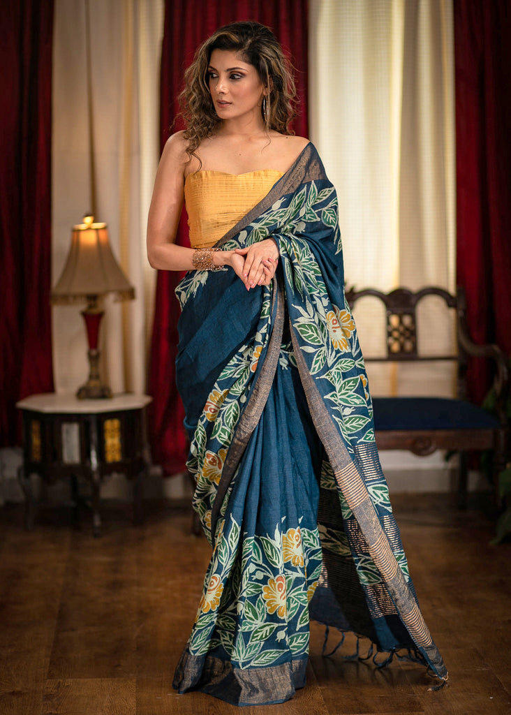 Exclusive blue designer hand batik silk saree