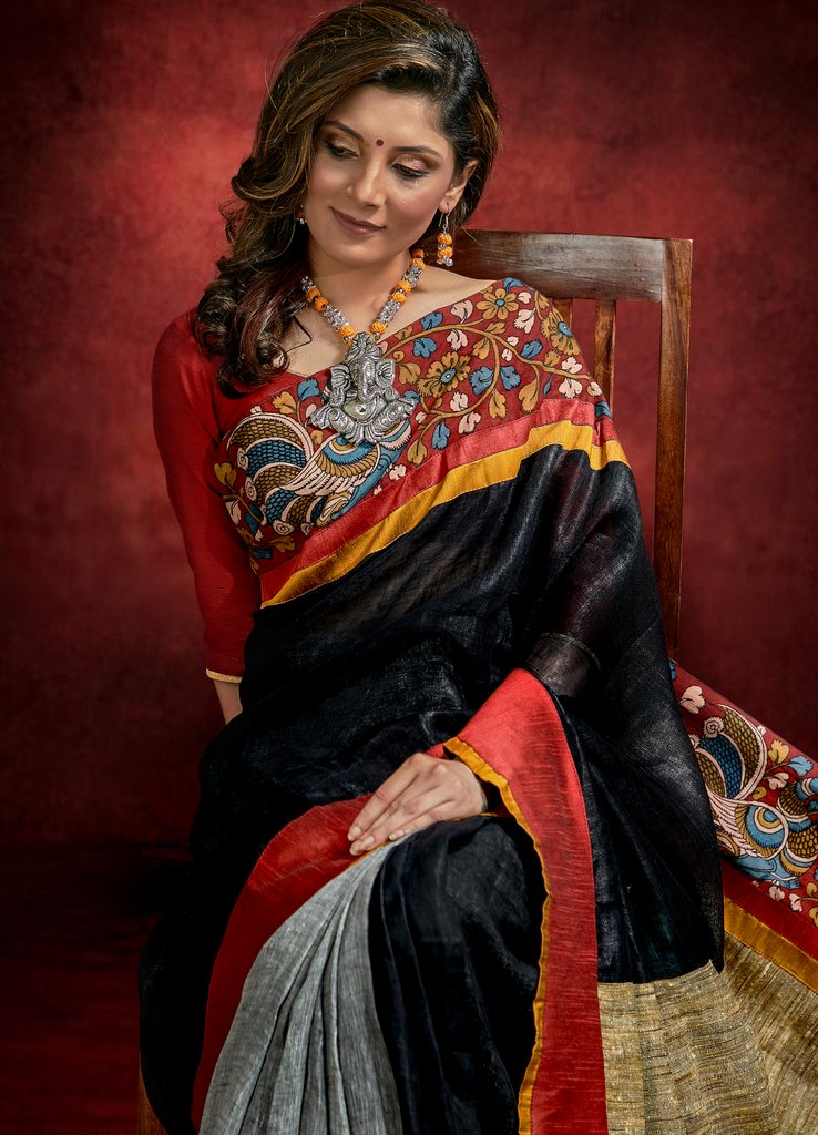 Pure black & grey linen saree with hand painted kalamkari border