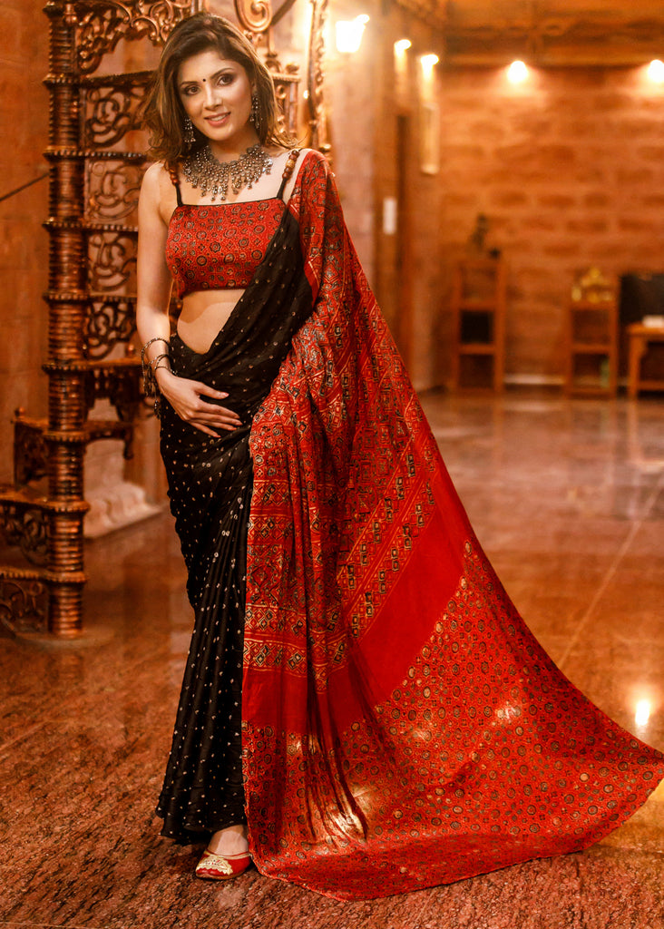 Exclusive black pure modal silk Bandhej & Ajrakh combination saree