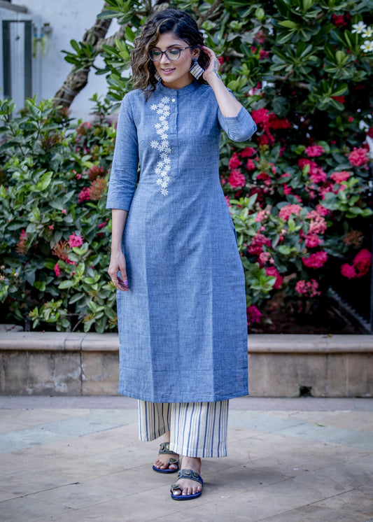 Exclusive blue handloom cotton kurta with floral embroidered pattern