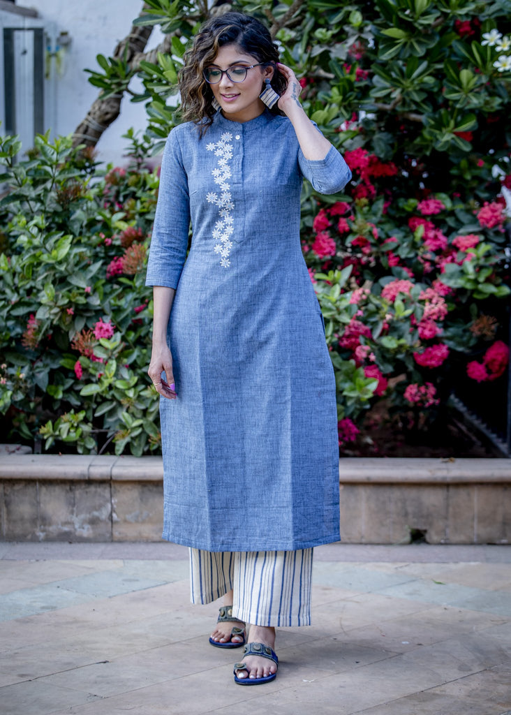 Exclusive blue handloom cotton kurta with floral embroidered pattern