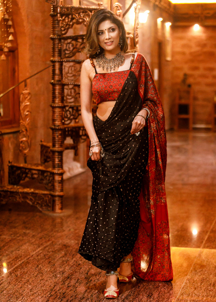 Exclusive black pure modal silk Bandhej & Ajrakh combination saree