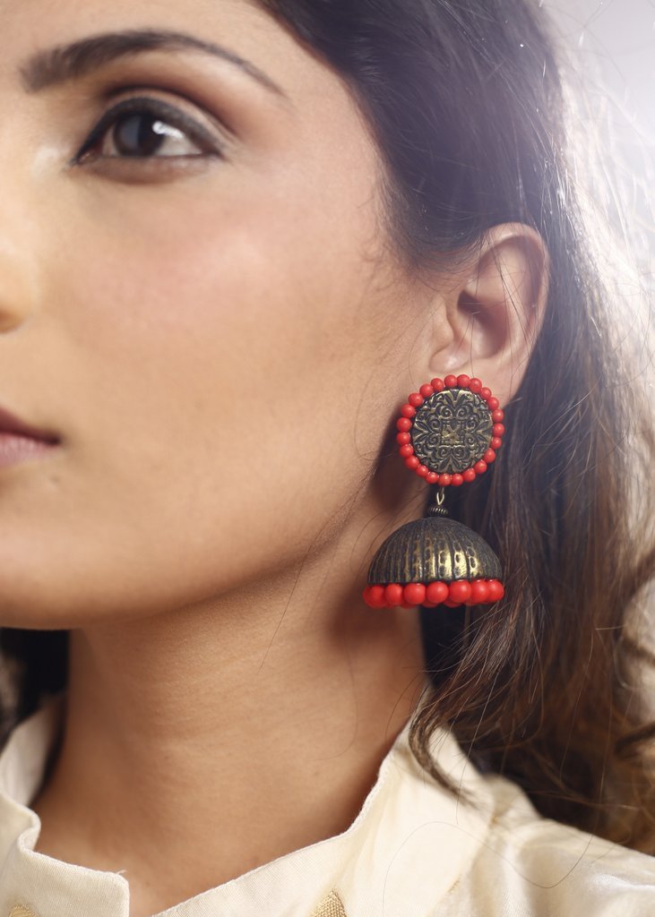 Handmade polymer clay red and black traditional jhumka - Sujatra