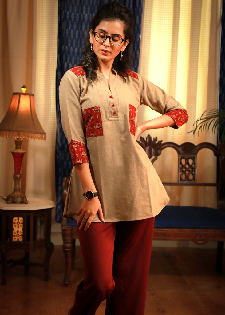 Ajrakh printed patch pocket beige casual top