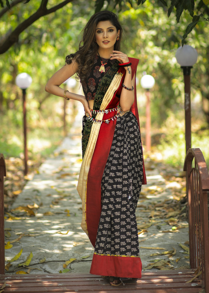 Exclusive Ajarkh & pure tassar silk combination designer saree with black cotton Ajrakh pleats & border