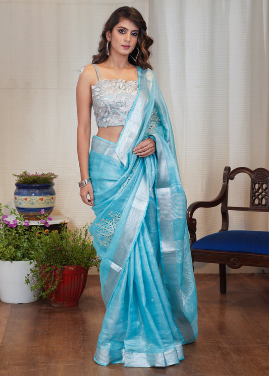Firozi pure linen cutwork saree with mirror work