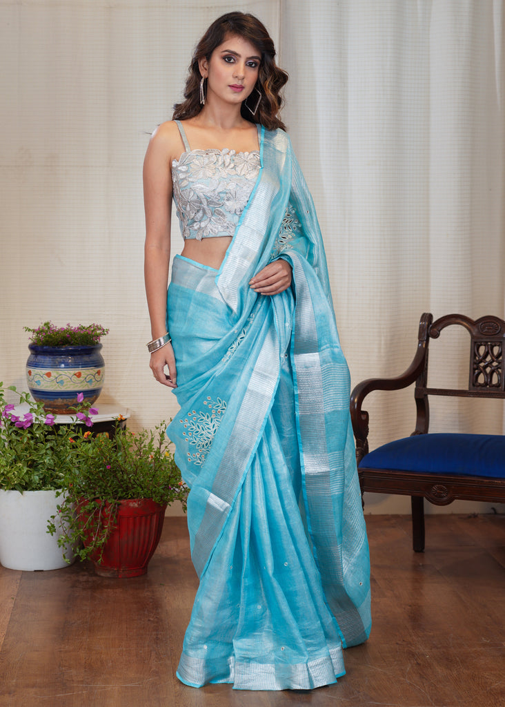 Firozi pure linen cutwork saree with mirror work