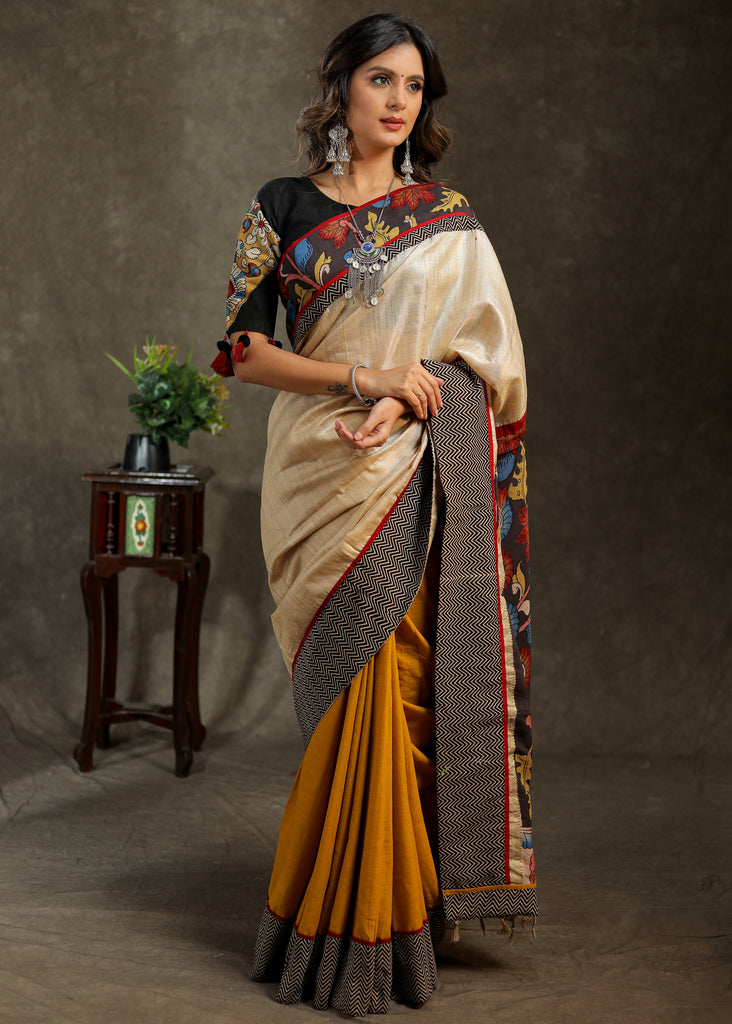 Exquisite mustard Cotton and beige Tissue combination saree with Kalamkari Pallu