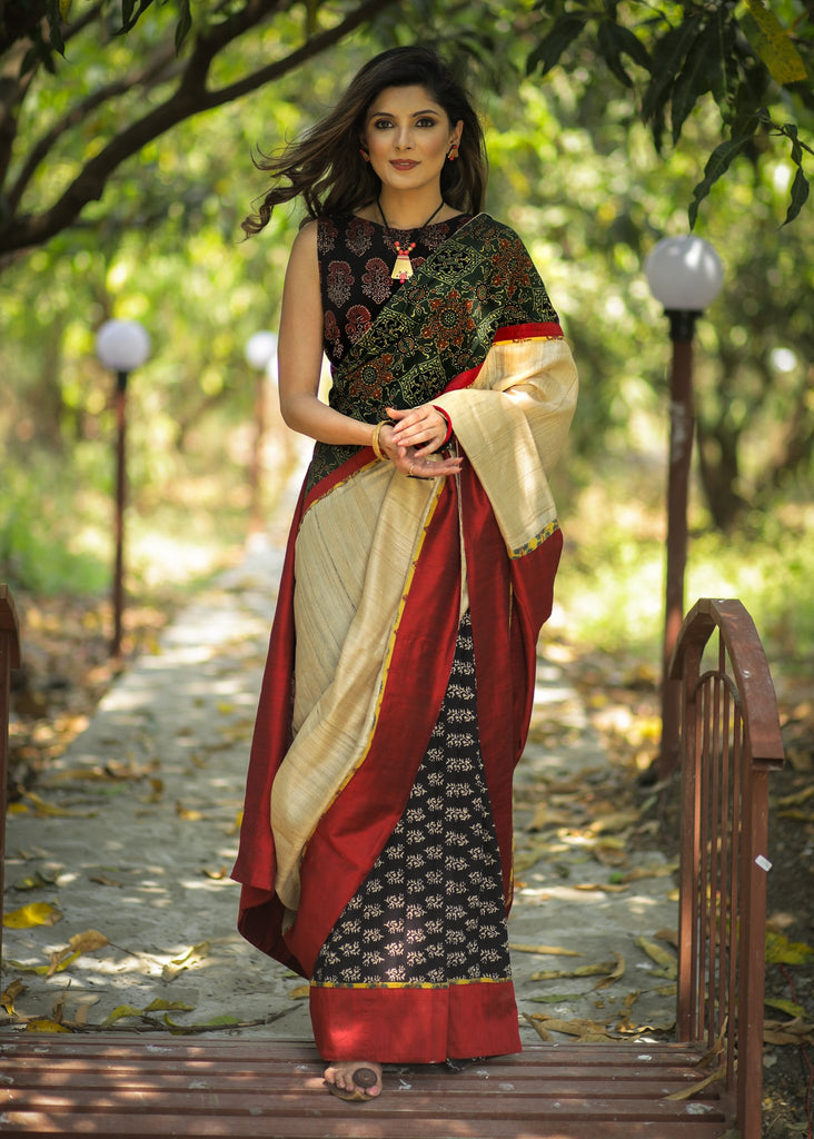 Exclusive Ajarkh & pure tassar silk combination designer saree with black cotton Ajrakh pleats & border