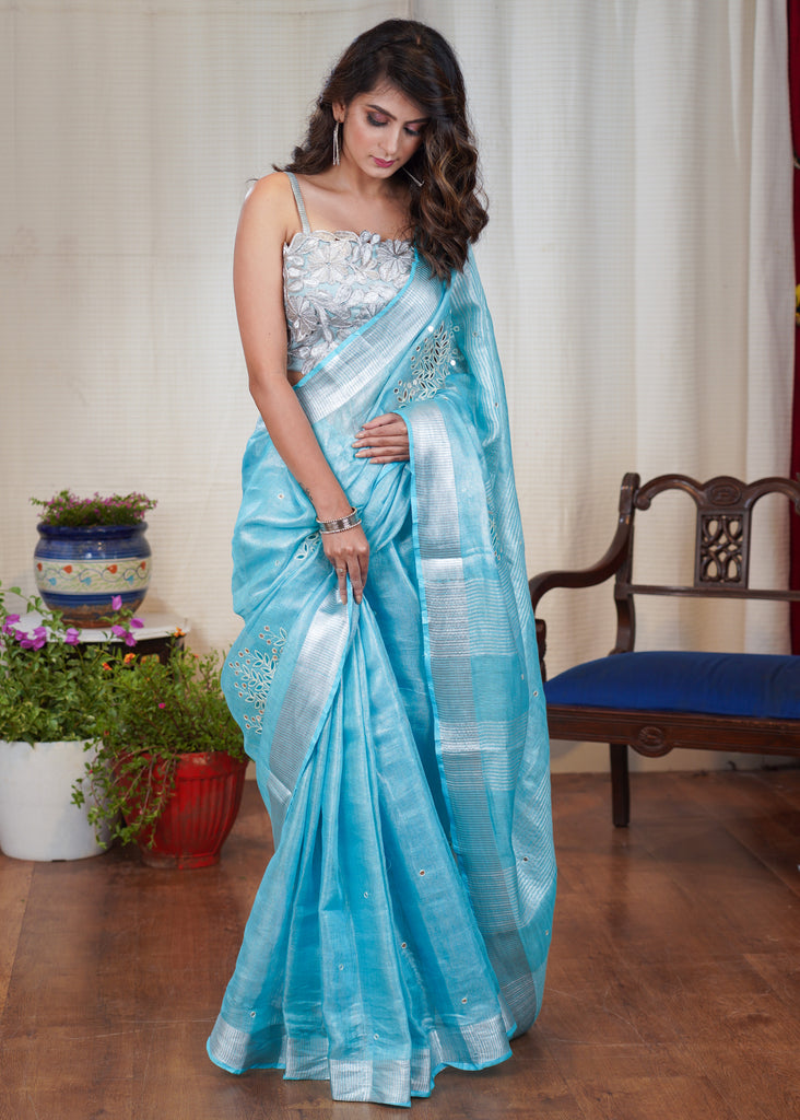 Firozi pure linen cutwork saree with mirror work